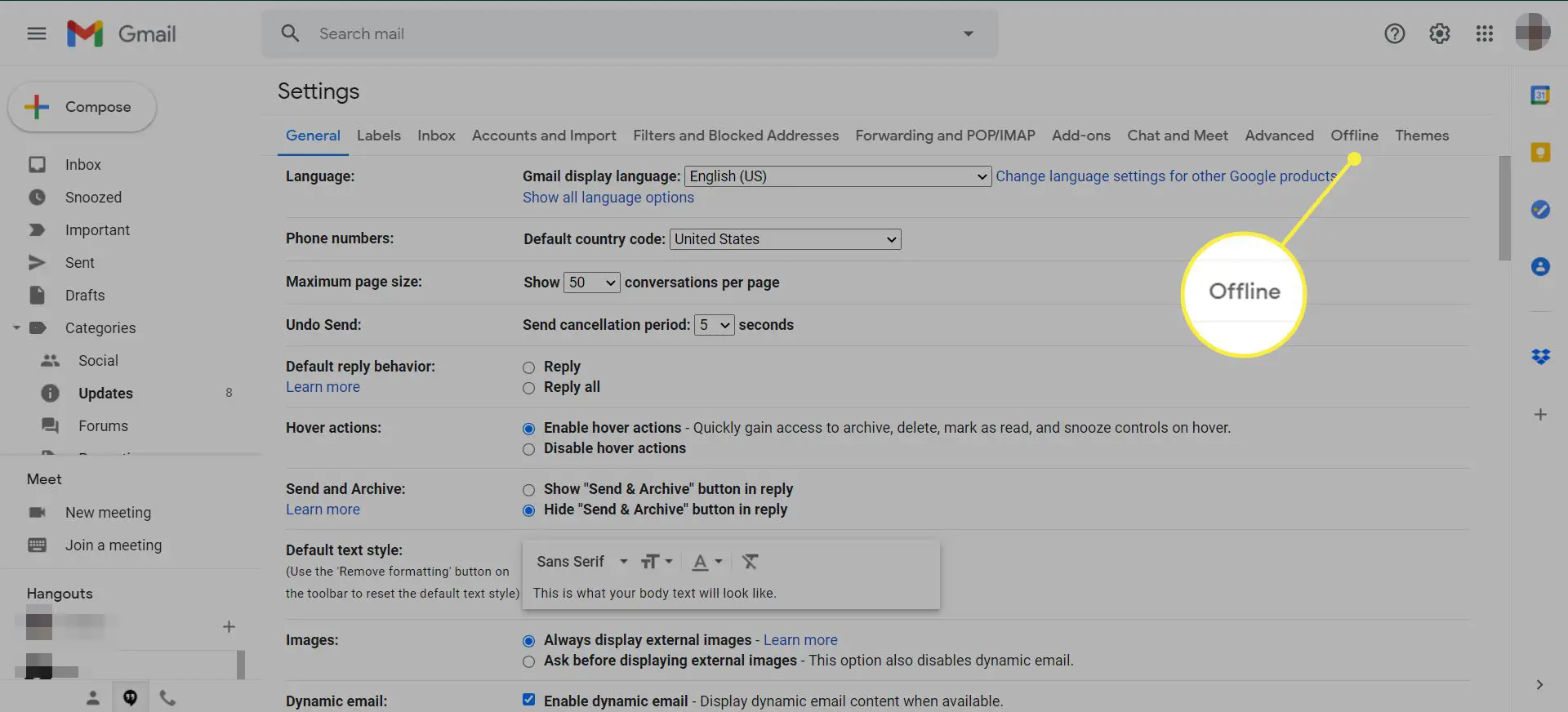 Configurações do Gmail com a guia Off-line destacada
