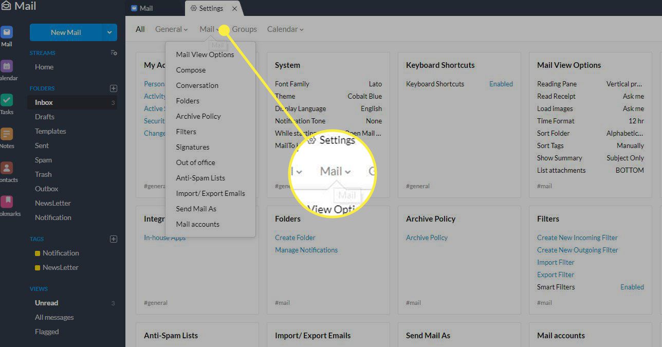 Uma captura de tela das configurações do Zoho Mail com a guia Mail destacada