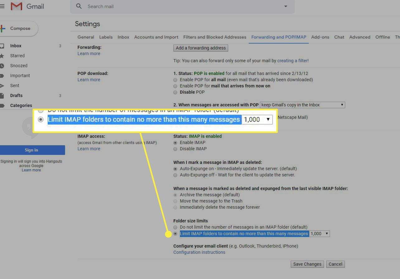 Uma captura de tela das configurações do Gmail com o comando Limitar pastas IMAP destacado