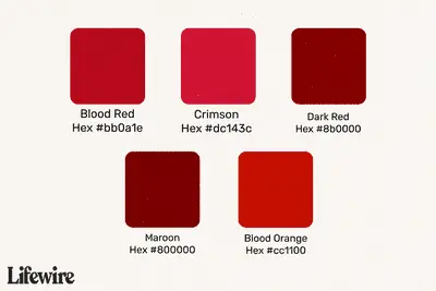 Amostras de cor vermelho sangue com números hexadecimais