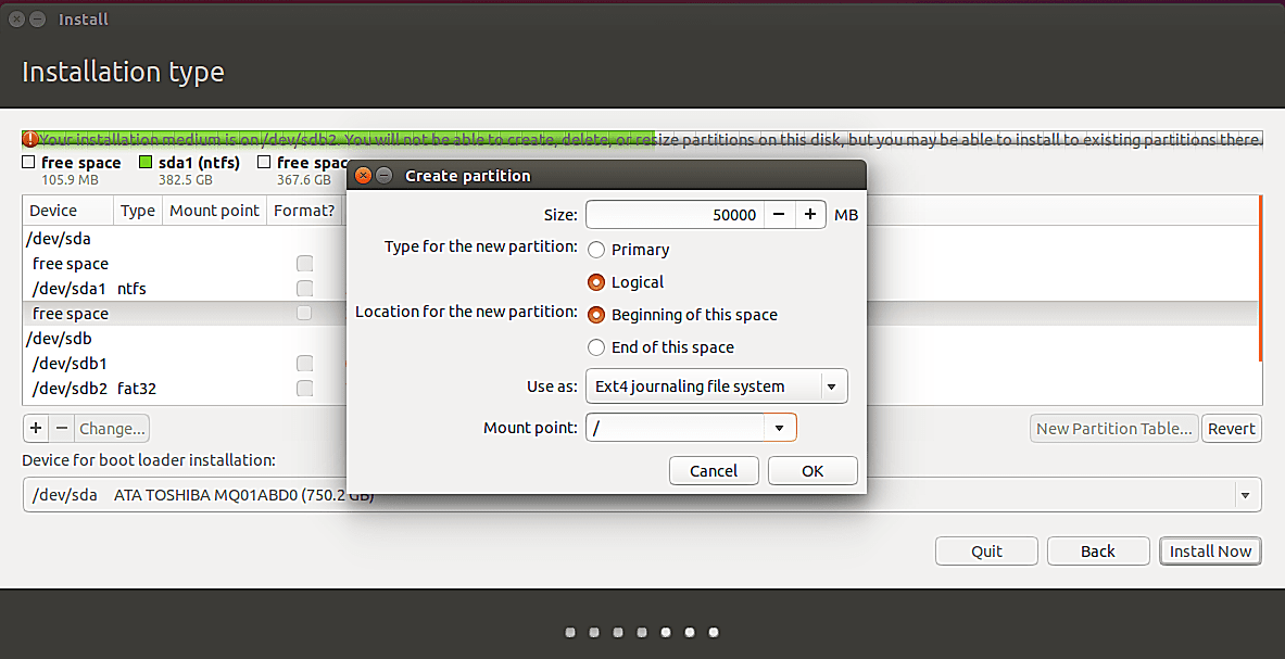 Criar partição Ubuntu