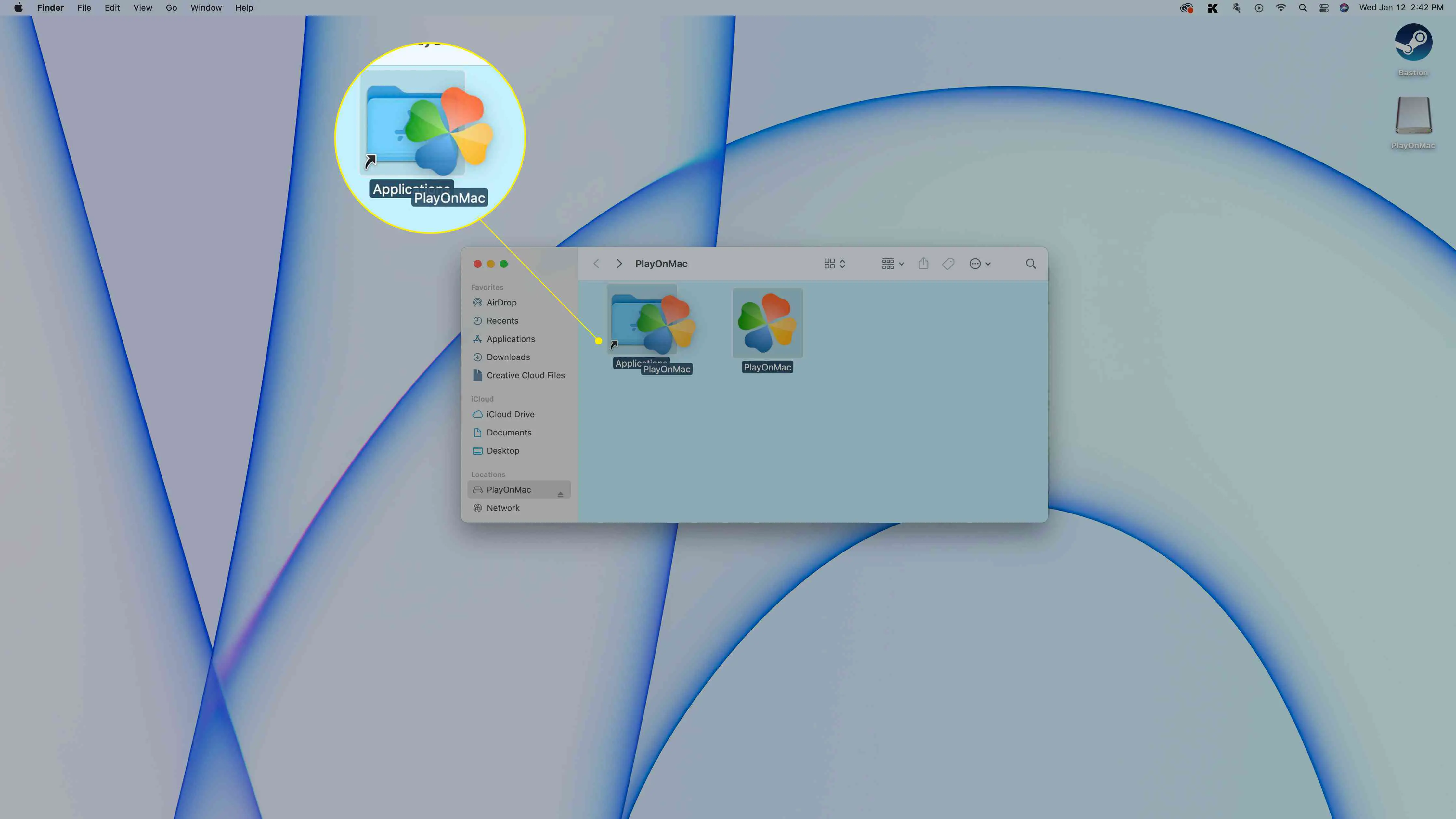 Arrastando PlayOnMac para Aplicativos em um Mac.