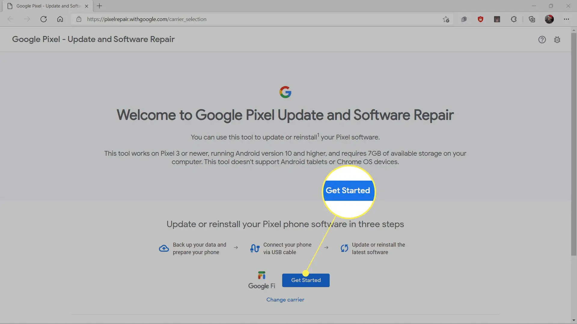 Introdução destacado no site de reparo do Google Pixel.