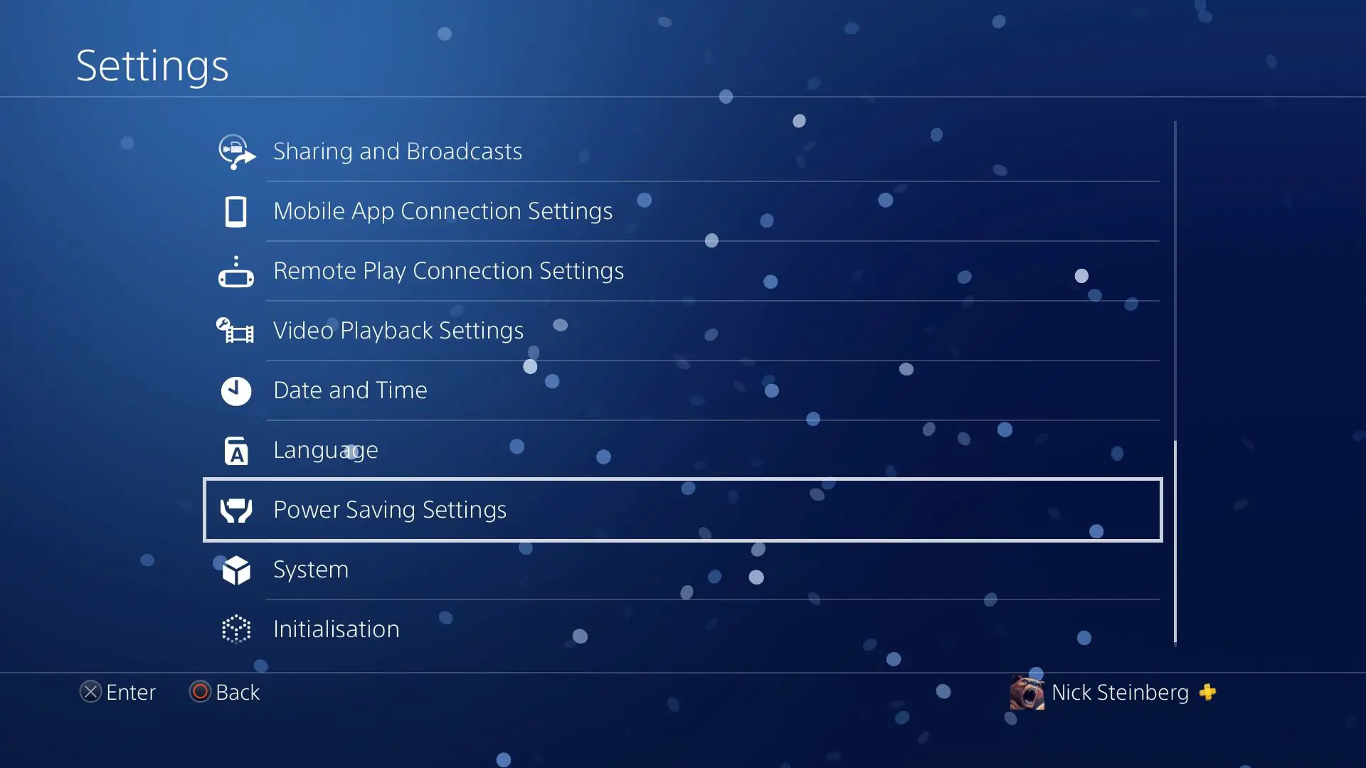 Selecionando Configurações de economia de energia no menu Configurações do PS4.
