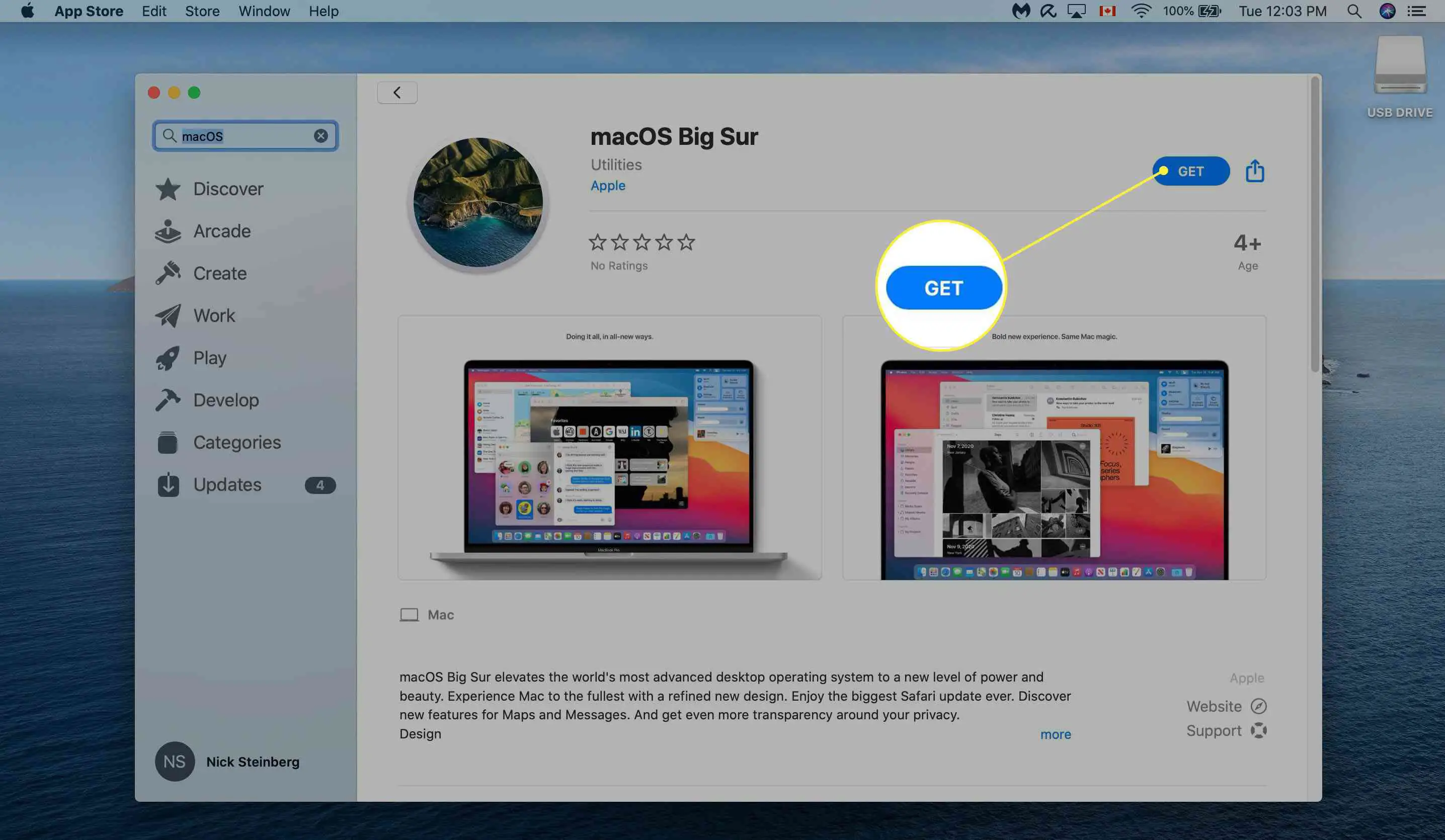 Baixando o MacOS Big Sur da App Store.