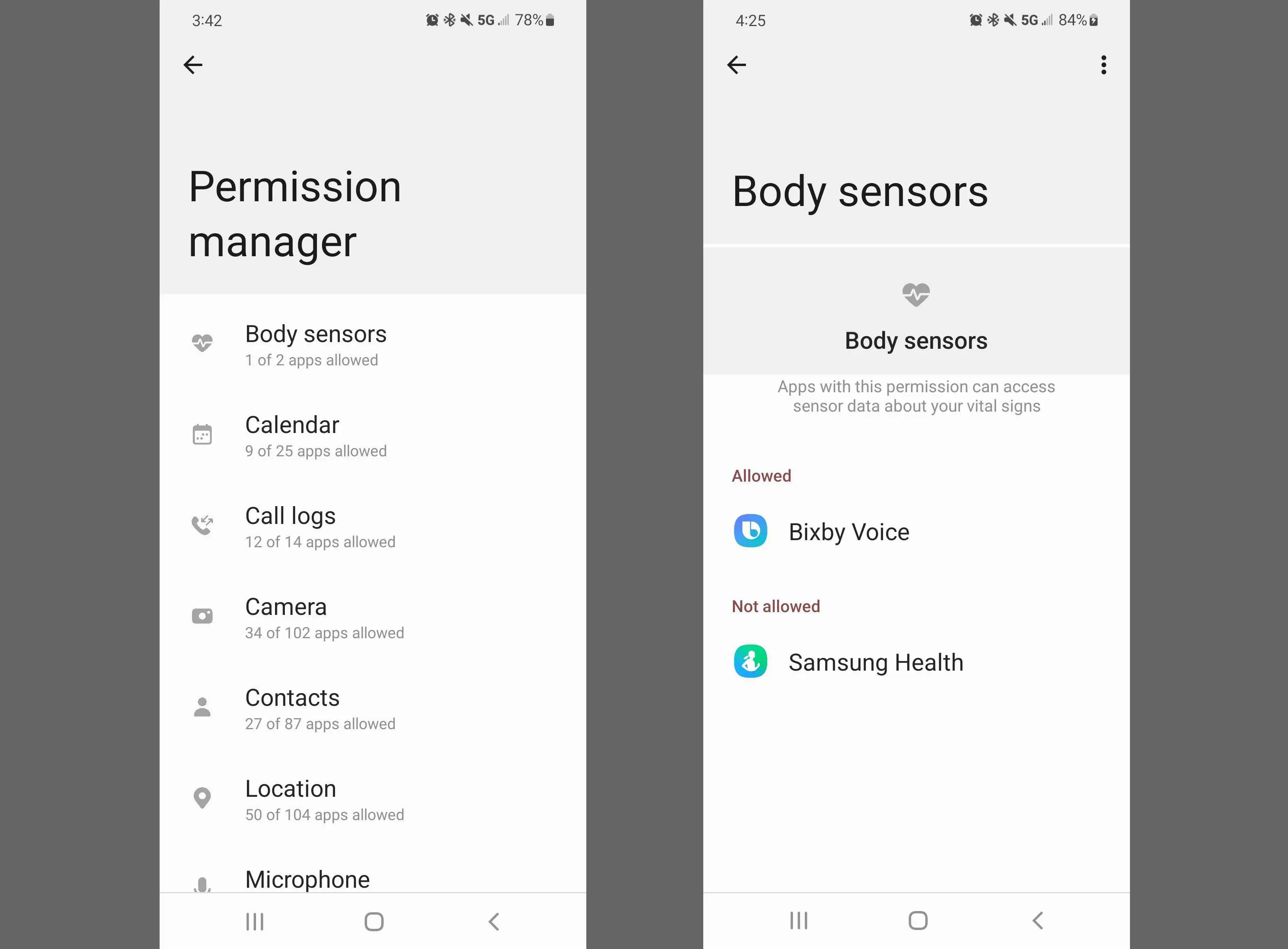 Configurações do Permission Manager e Body Sensor no Samsung Privacy Dashboard