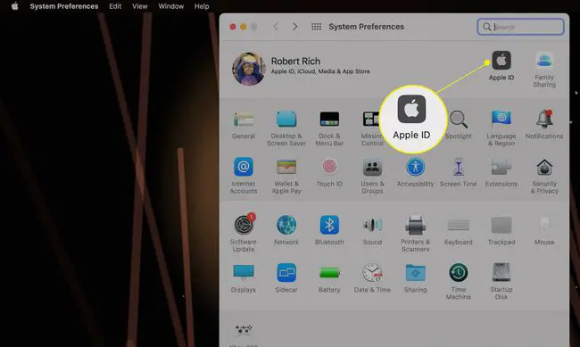 Preferências do sistema Mac com ID Apple realçado