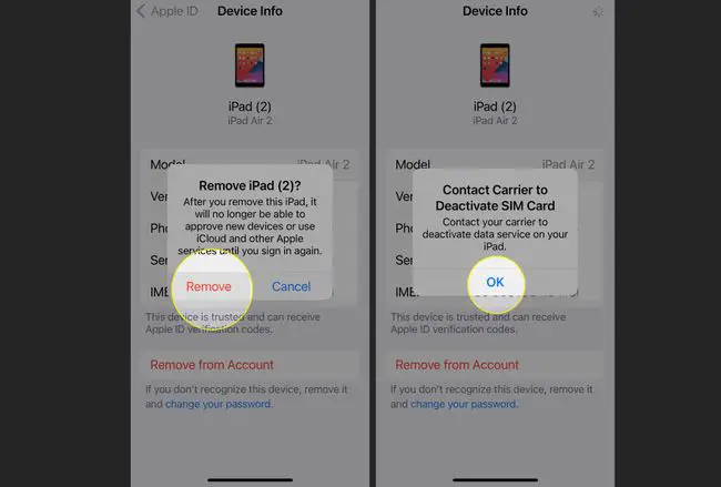 Configurações de informações do dispositivo iPhone com Remover e OK realçados