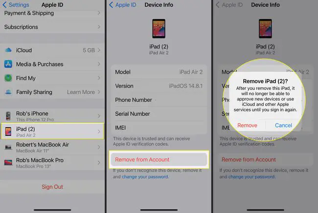 Configurações do iPhone com iPad, Remover da conta e mensagem de aviso destacada