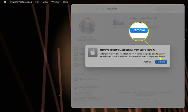 Mac remover dispositivo pop-up com Remover realçado