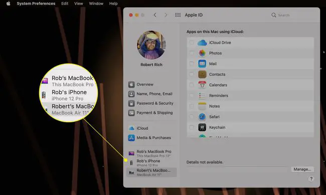 Lista de dispositivos no Mac Apple ID System Preferences destacada