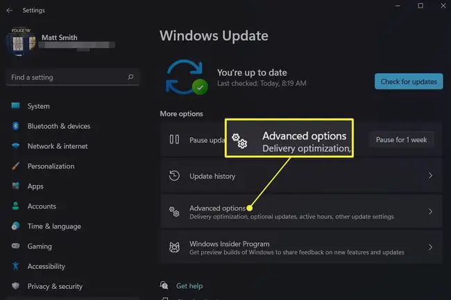 Windows Update no Windows 11 com opções avançadas realçadas