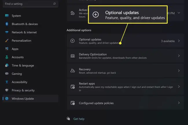 Windows Update com atualizações opcionais destacadas