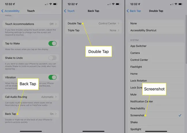 Toque para trás, toque duplo e captura de tela no iPhone