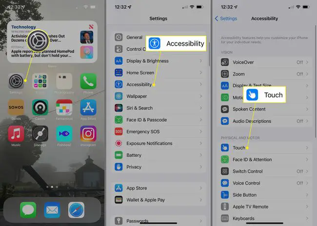 Configurações, acessibilidade e toque no iPhone