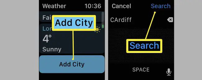 App Apple Watch Weather com Adicionar cidade realçado.