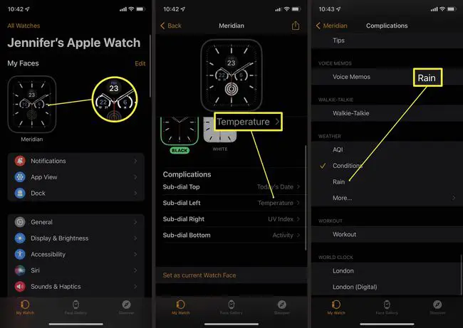 Etapas no iPhone para adicionar complicações climáticas ao rosto do Apple Watch.