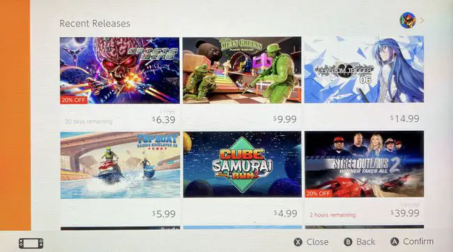 Uma captura de tela dos lançamentos recentes na Nintendo E-Shoppe.