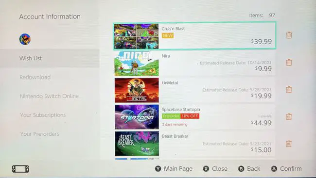 Uma captura de tela da Lista de Desejos na Nintendo e-Shoppe.