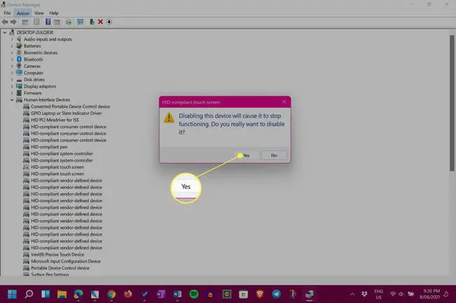 Caixa de diálogo de confirmação do dispositivo Desativar o Gerenciador de dispositivos do Windows 11 com Sim realçado
