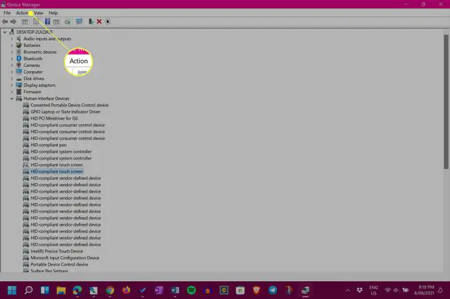 Gerenciador de dispositivos do Windows 11 com o menu Ação realçado