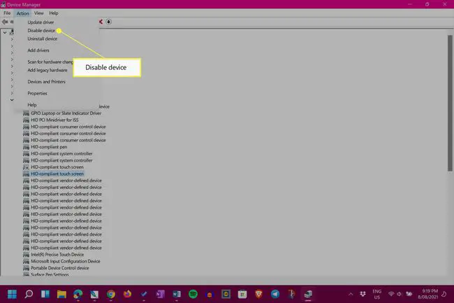 Gerenciador de dispositivos do Windows 11 com menu Ação e Desativar dispositivo realçado