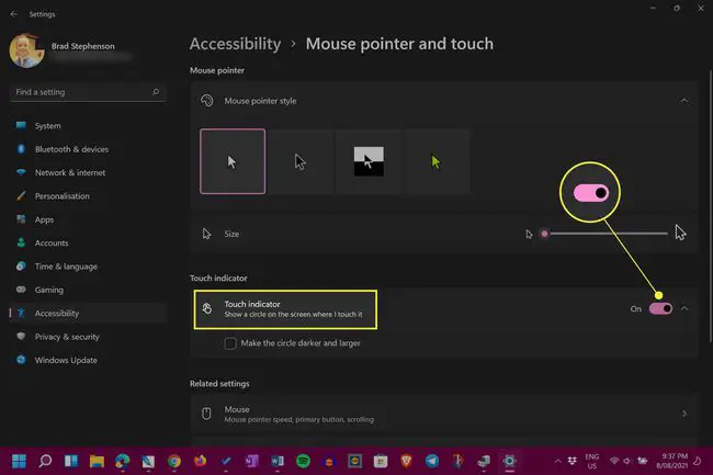 Configurações de ponteiro do mouse e toque do Windows 11 com indicador de toque e sua alternância destacada