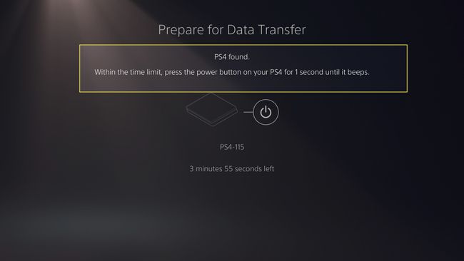Console PS4 encontrado usando PS5 Data Transfer com mensagem destacada