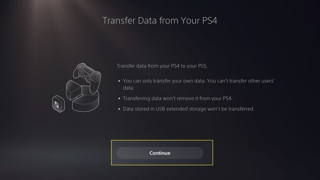 Tela de aviso de transferência de dados no PS5 com Continuar realçado