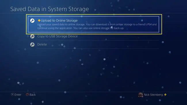 Carregar dados salvos do PS4 para o Cloud Storage com Carregar para o armazenamento online realçado