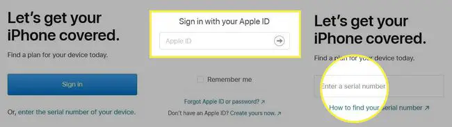 Tela de login do AppleCare iPhone com o ID da Apple e o número de série destacados