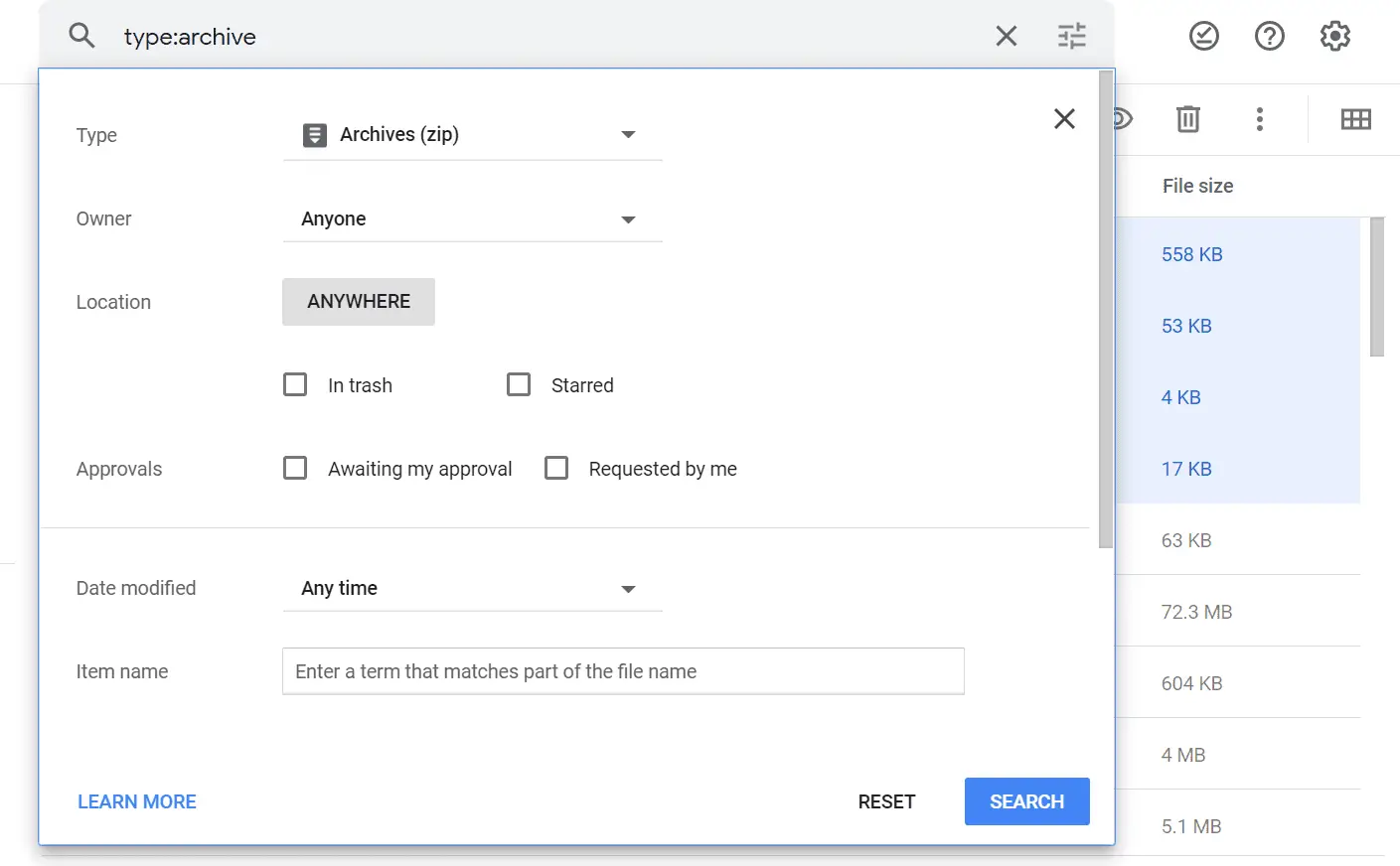 Opções de pesquisa do Google Drive
