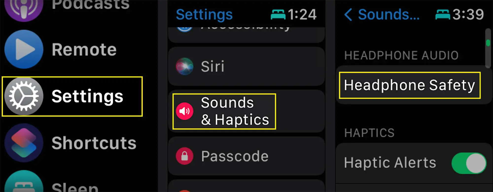 Configurações, sons e haptics e segurança do fone de ouvido em um Apple Watch