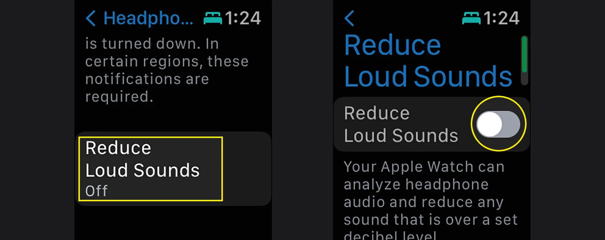 O menu Reduzir sons altos e alternar nas configurações do Apple Watch