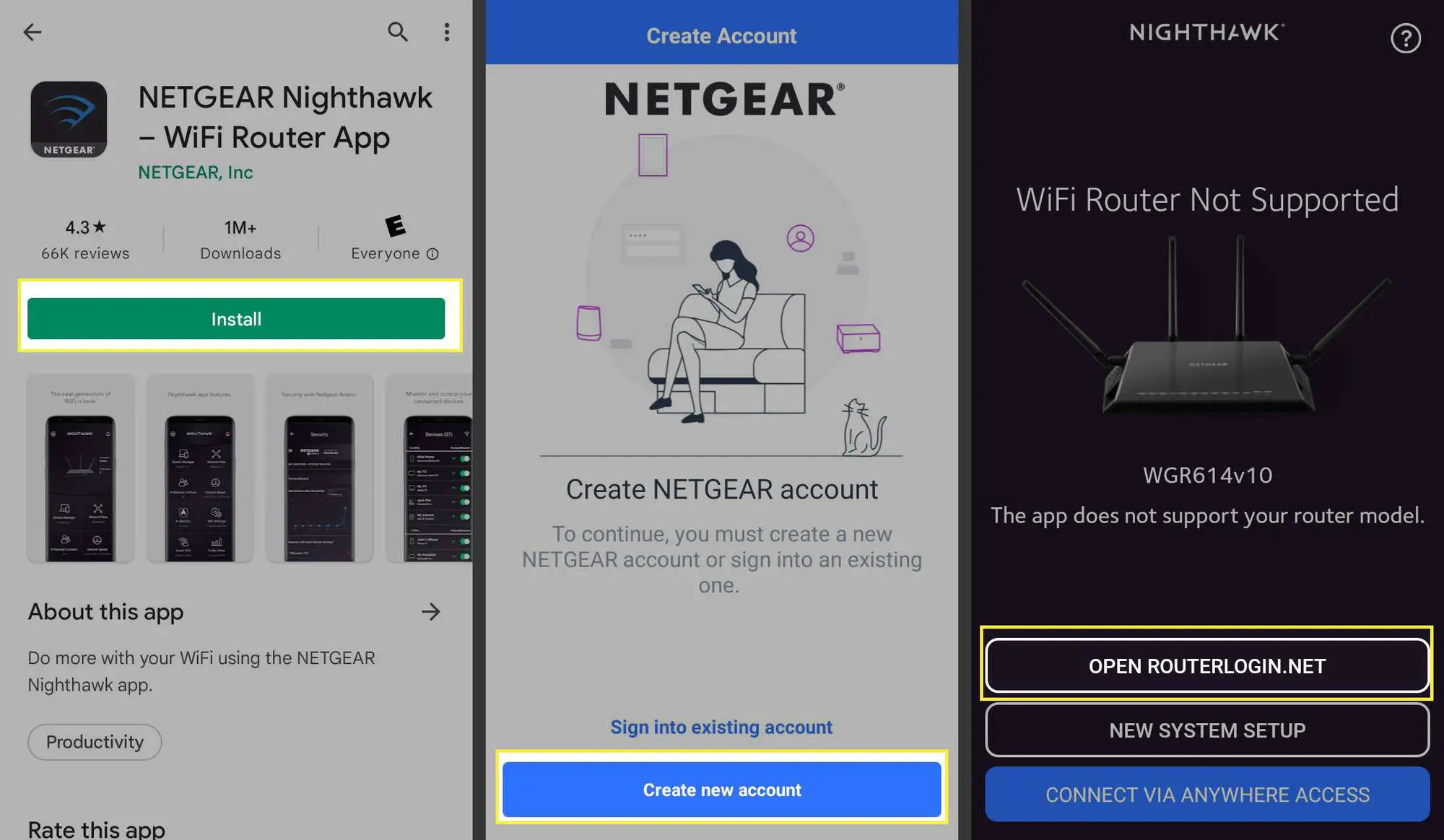 Instale, crie uma nova conta e abra RouterLogin.net destacado no aplicativo Netgear Nighthawk Wi-Fi Router