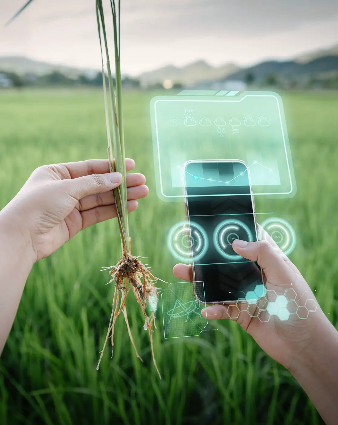 Trabalhador agrícola usando telefone inteligente com inteligência artificial (IA) de realidade virtual para analisar doenças de plantas