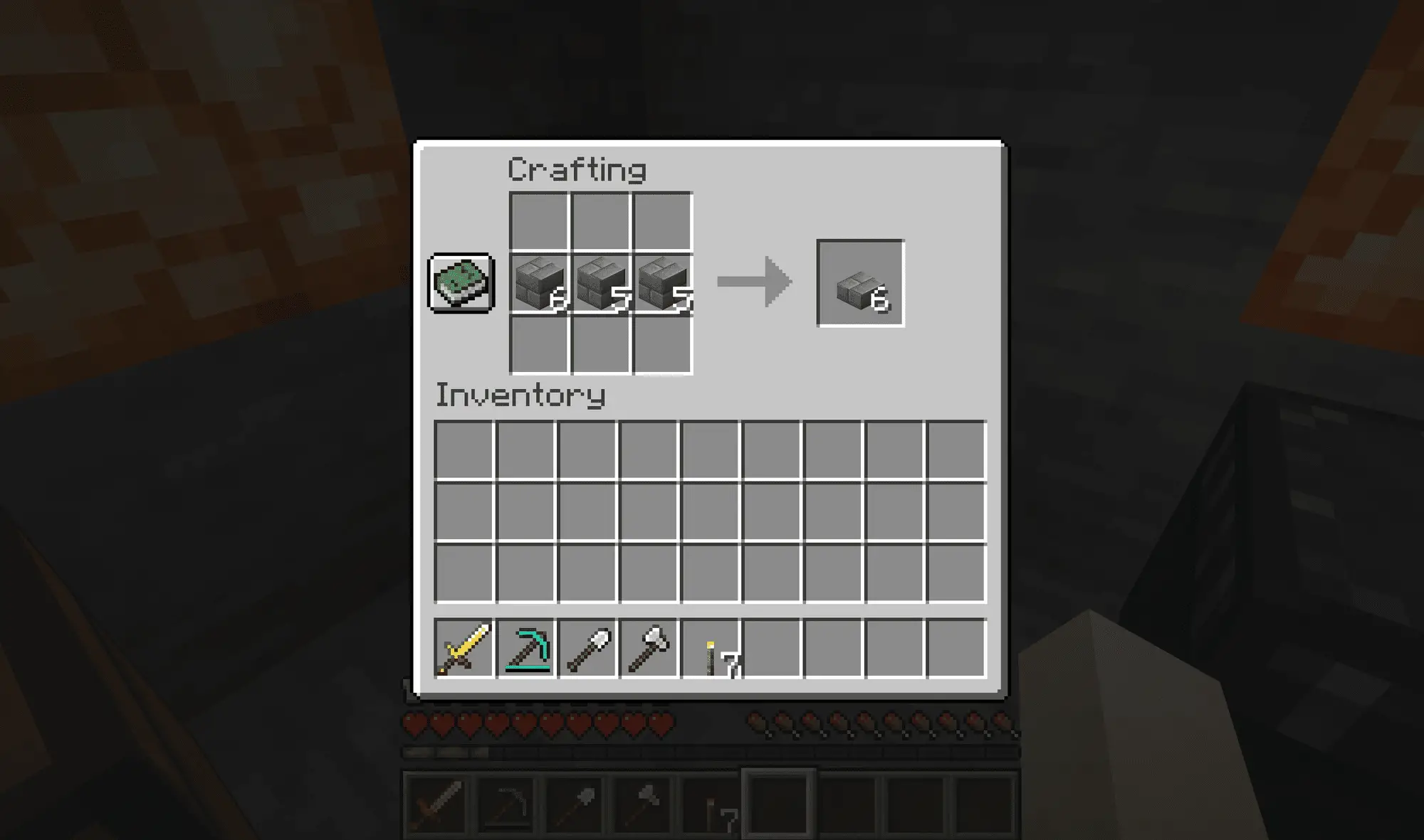 Criando lajes de tijolos de pedra no Minecraft.
