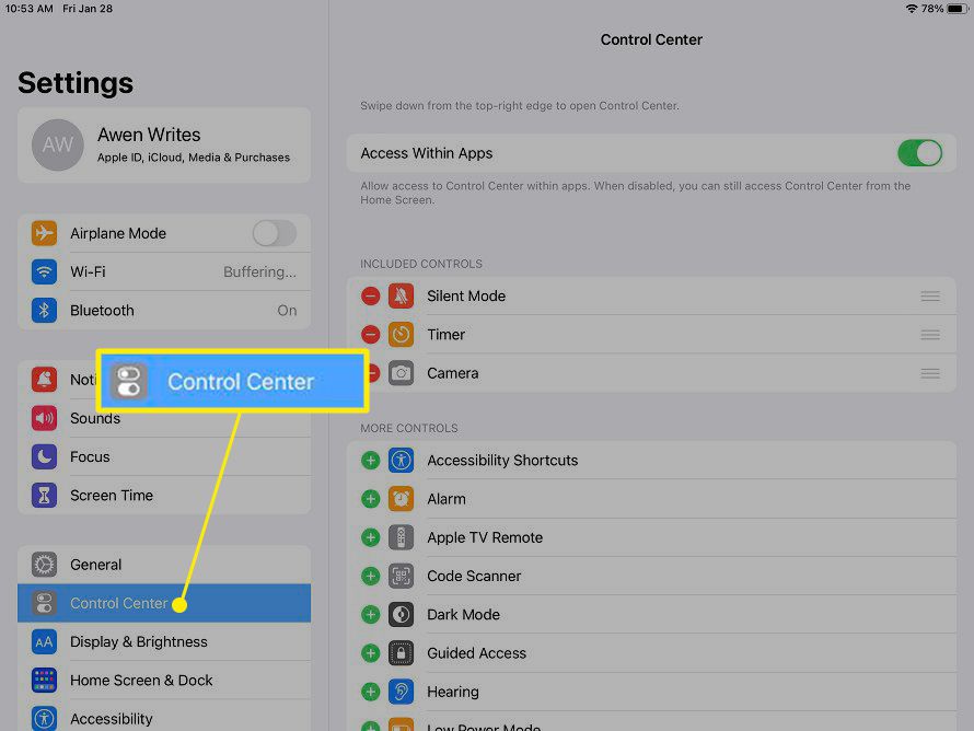 O Centro de Controle em destaque no iPad.