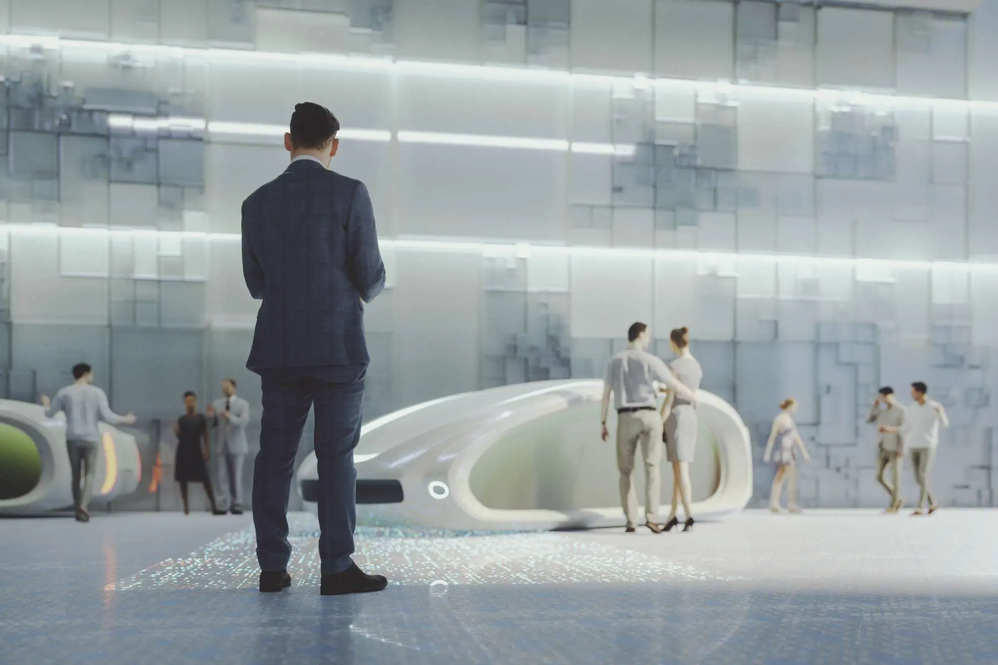 Um conceito de uma rua futurista com pessoas circulando e veículos elétricos para transporte.