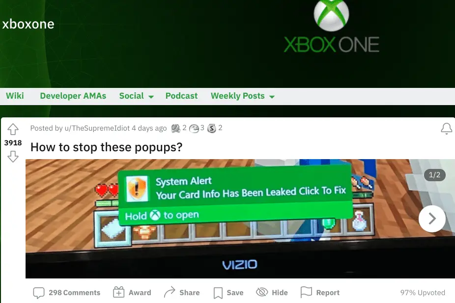 Uma captura de tela de uma notificação de spam no Xbox One.