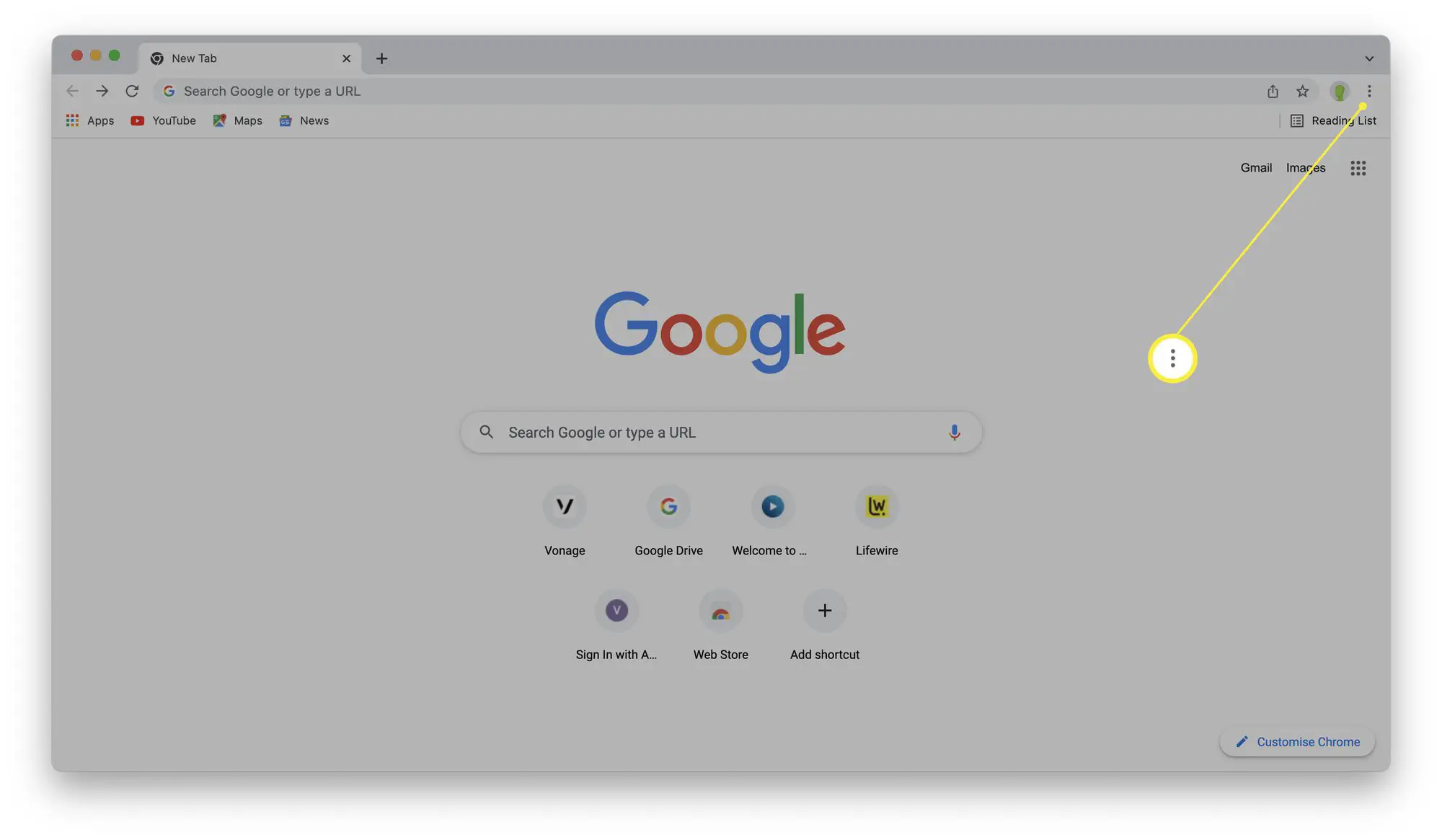 Google Chrome com ícone de reticências realçado.
