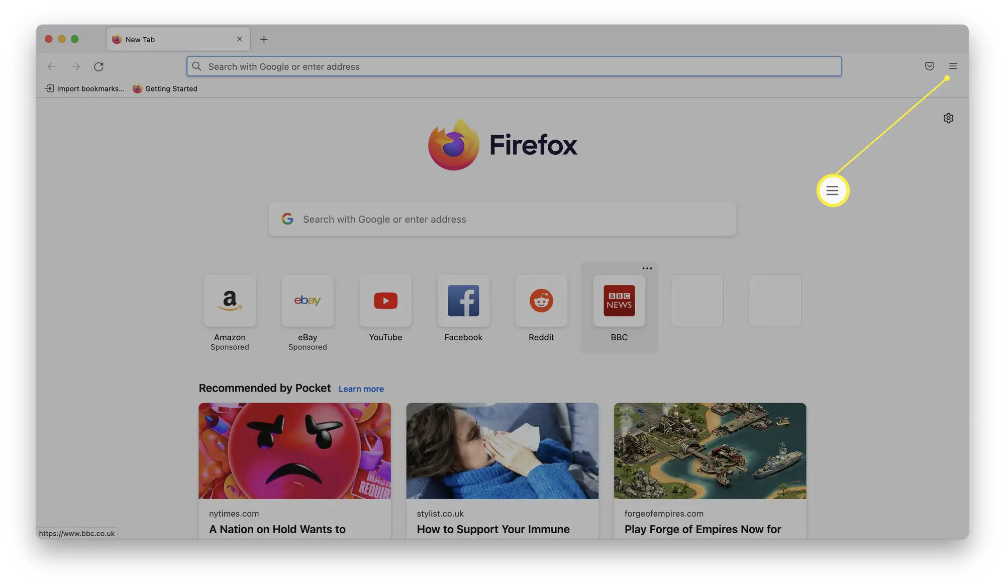 Firefox com ícone de hambúrguer em destaque.