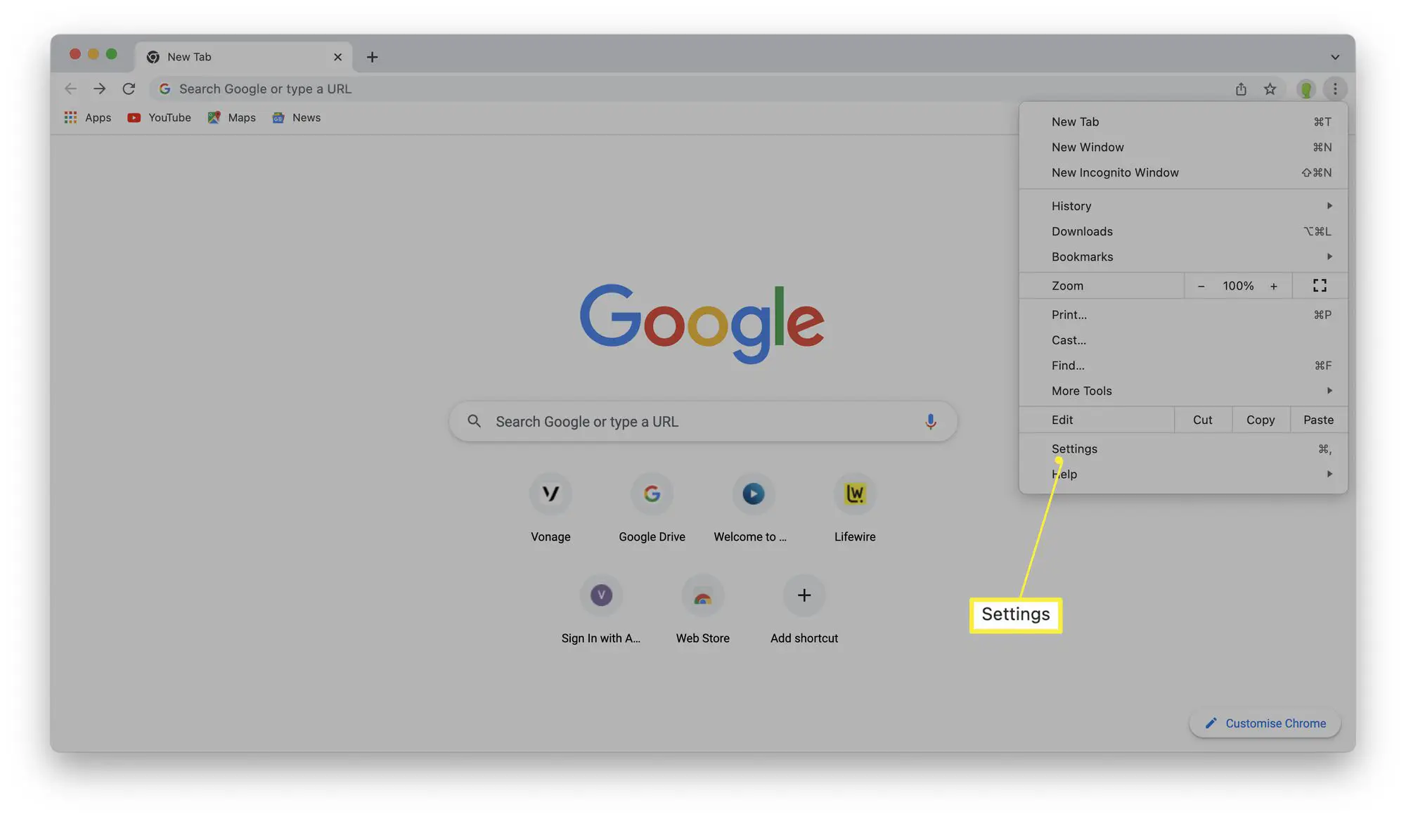 Google Chrome com Configurações em destaque. 