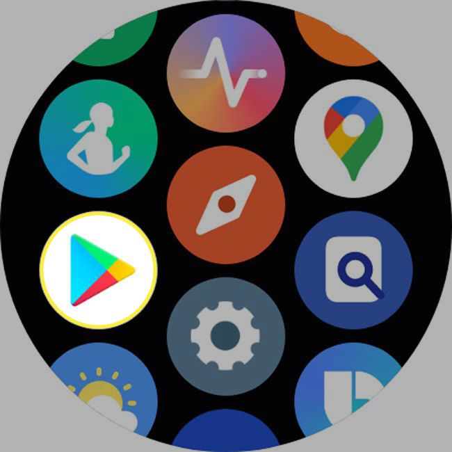 O ícone da Google Play Store destacado em um relógio Galaxy