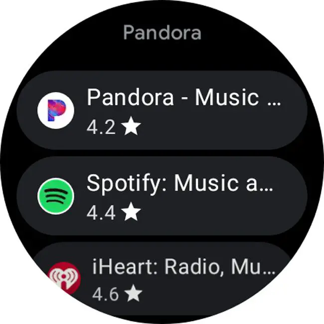 Pandora destacada nos resultados de pesquisa da Play Store do Galaxy watch.