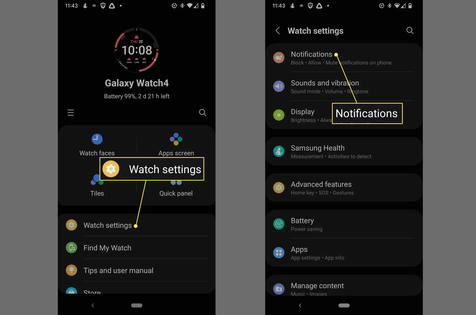 Assista a configurações e notificações no aplicativo Galaxy Wearable