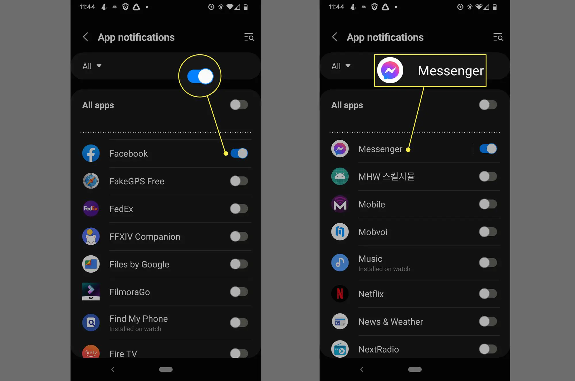 O Facebook e o Messenger alternam no aplicativo Galaxy Wearable