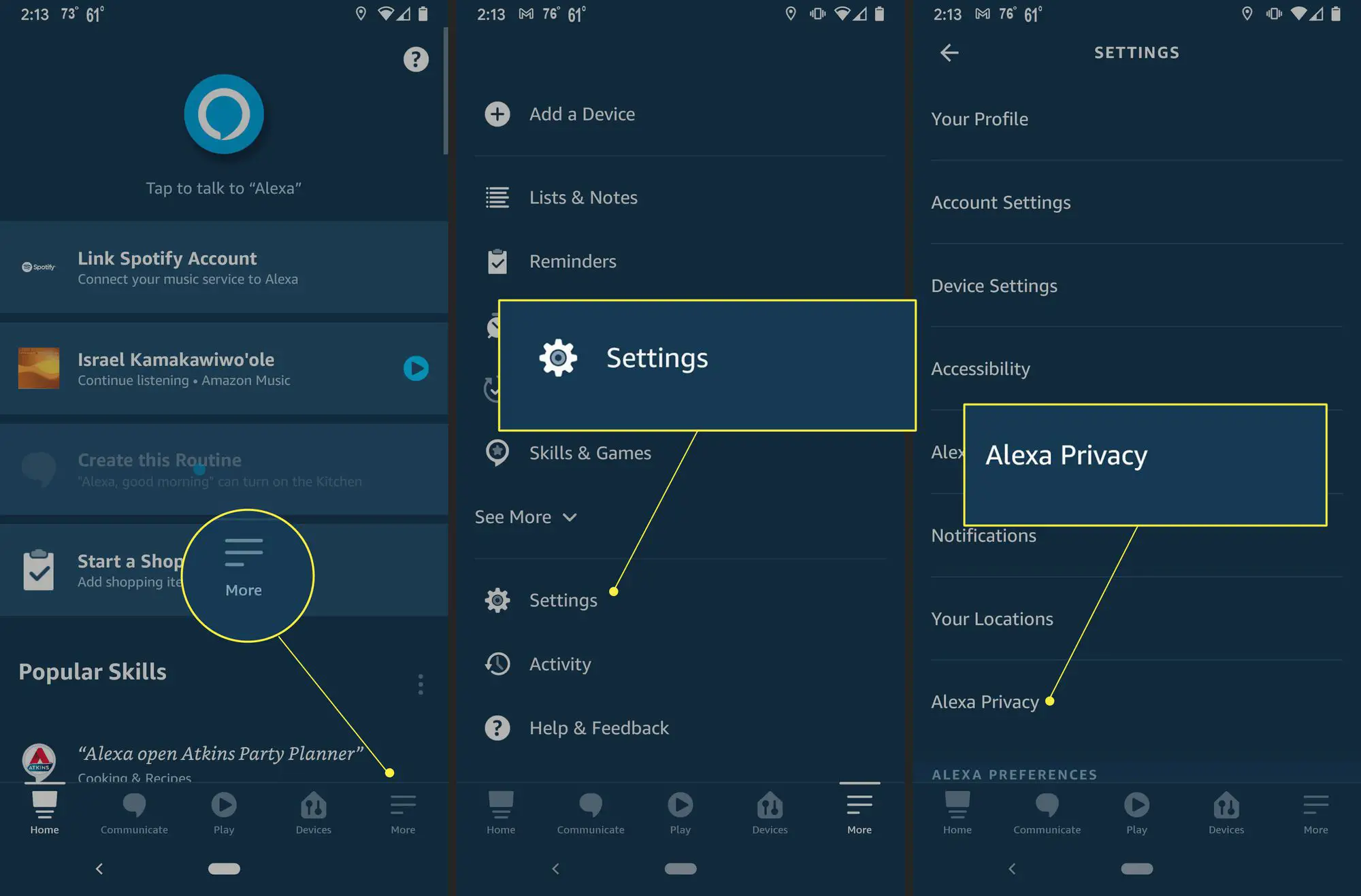 Etapas a serem seguidas para acessar as configurações de privacidade do Alexa, com "Mais," "Definições," e "Privacidade Alexa" destacado no aplicativo Alexa