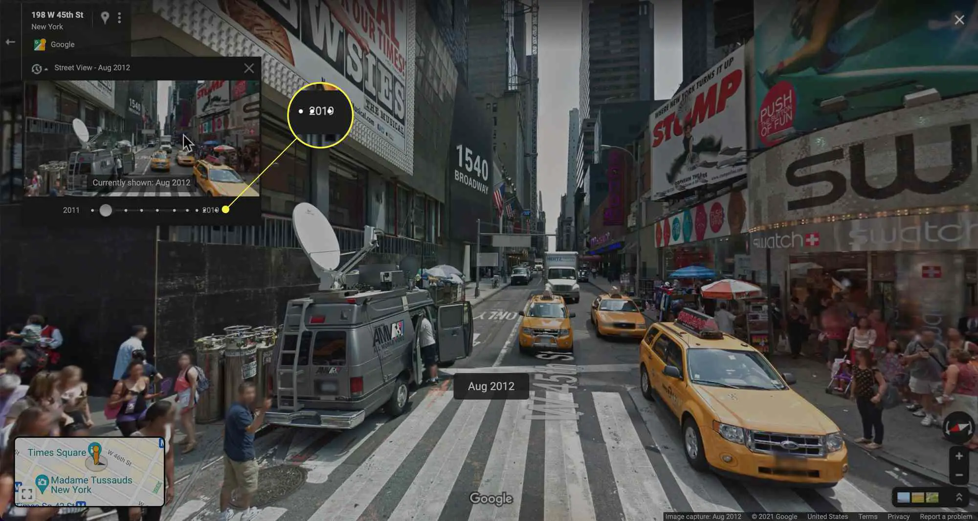 Foto mais antiga do Google Maps Street View exibida com a extrema direita do controle deslizante destacada