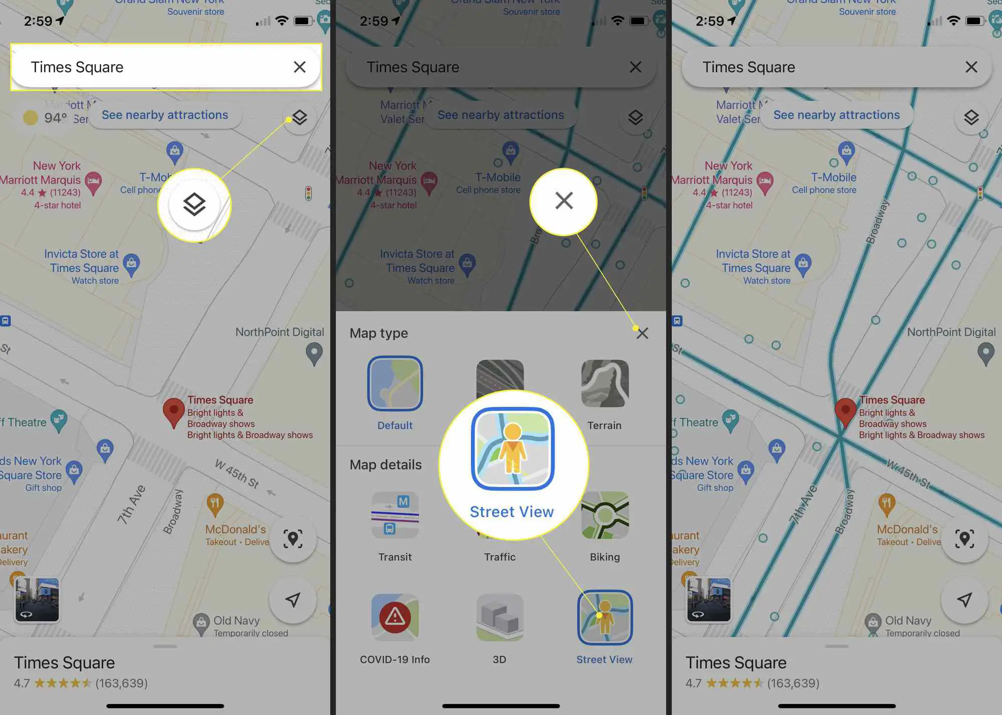 Google Maps com Times Square no campo de pesquisa, com o ícone de Camadas, Street View e X destacados